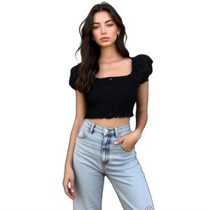 Ambiance Smocked Puff Sleeve Crop Top S Black Y2K Square Neckline Button-Front